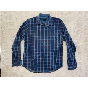 Bugatchi Uomo Mens Shaped Fit Long Sleeve Button Down Shirt Blue Plaid Micro Dot